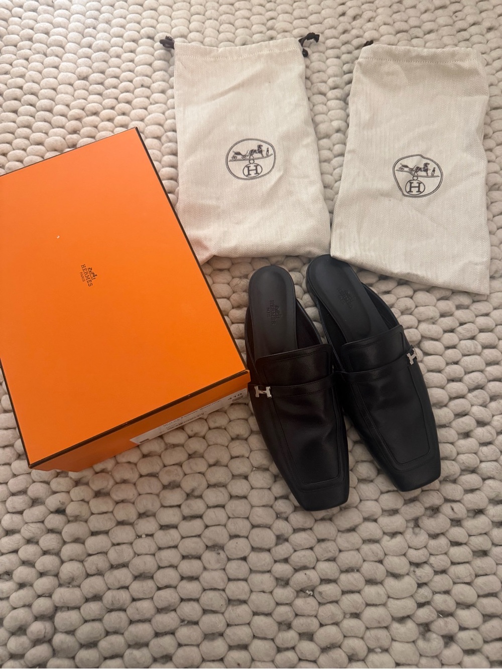 Hermes Black Leather Backless Loafers with Silver H Accent